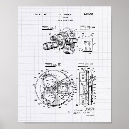 Film Camera 1940 Patent Art - Lined Peper Poster (Voorkant)