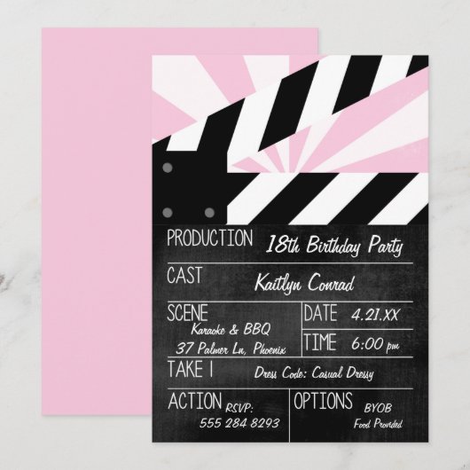 Film Clapper Actie Teken Party Uitnodiging (Voorkant / Achterkant)