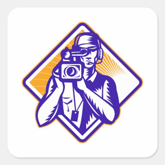Film Crew Cameraman Holding Camera Retro Vierkante Sticker (Voorkant)