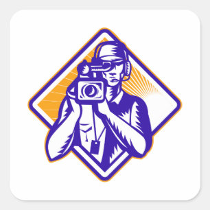 Film Crew Cameraman Holding Camera Retro Vierkante Sticker