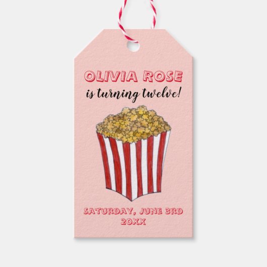 Film Nacht Sleepover Popcorn Verjaardagsfeest Cadeaulabel (Voorkant)