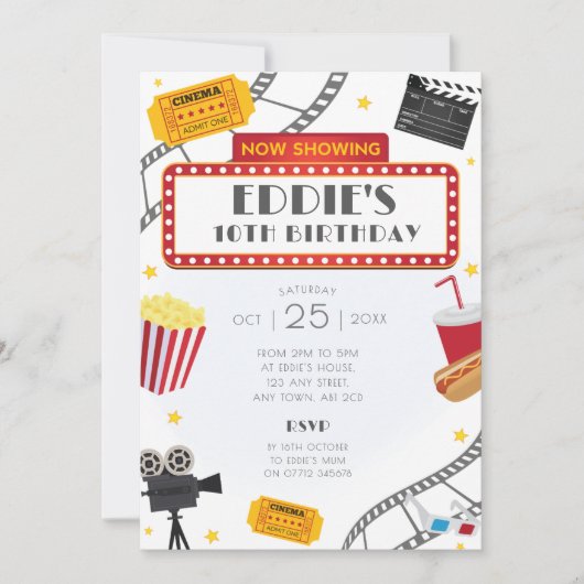 Film Night Birthday Party Invitation Cinema Kaart (Voorkant)