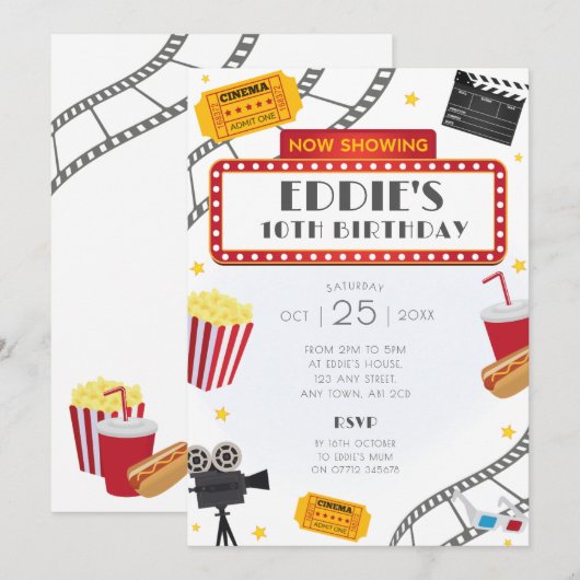 Film Night Birthday Party Invitation Cinema Kaart (Voorkant / Achterkant)