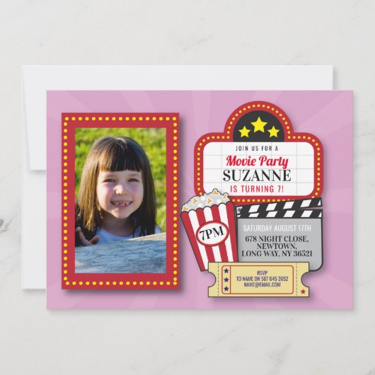 Film Night Birthday Party Roze Film Foto Kaart (Voorkant)