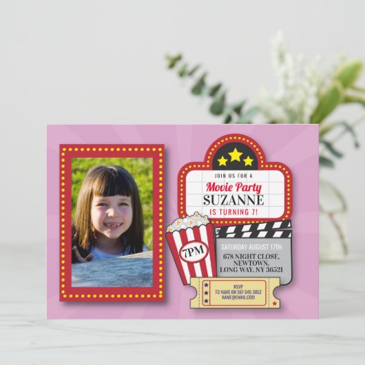 Film Night Birthday Party Roze Film Foto Kaart (Staand voorkant)