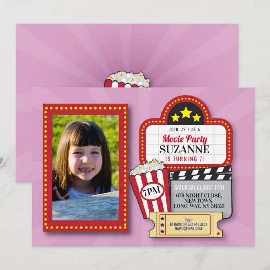 Film Night Birthday Party Roze Film Foto Kaart (Voorkant / Achterkant)