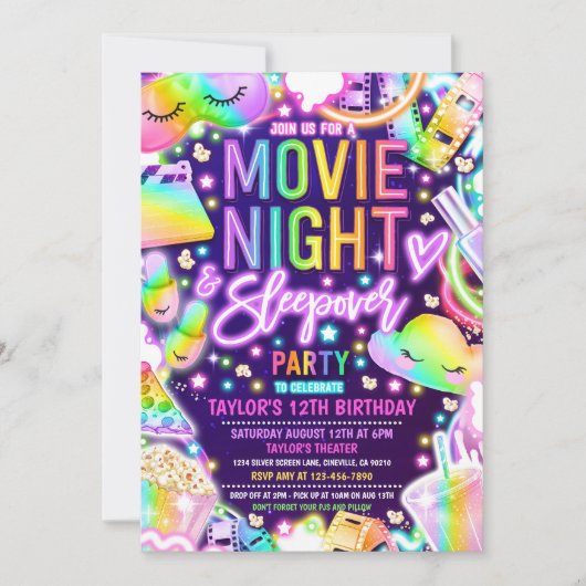 Film Night Sleepover Neon Rainbow Verjaardag Kaart (Voorkant)