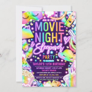 Film Night Sleepover Neon Rainbow Verjaardag Kaart
