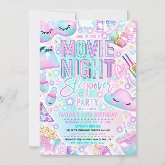 Film Night Sleepover Pastel Rainbow Verjaardag Kaart (Voorkant)
