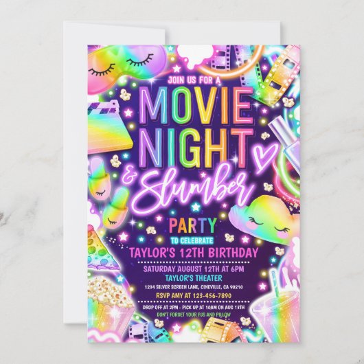 Film Night Slumber Party Neon Rainbow Verjaardag Kaart (Voorkant)