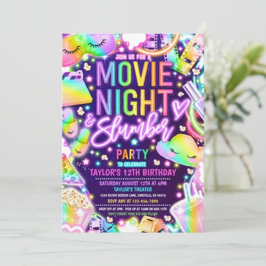 Film Night Slumber Party Neon Rainbow Verjaardag Kaart (Staand voorkant)