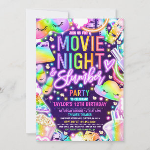 Film Night Slumber Party Neon Rainbow Verjaardag Kaart