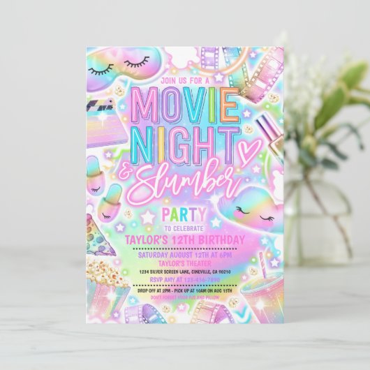 Film Night Slumber Party Pastel Rainbow Verjaardag Kaart (Staand voorkant)