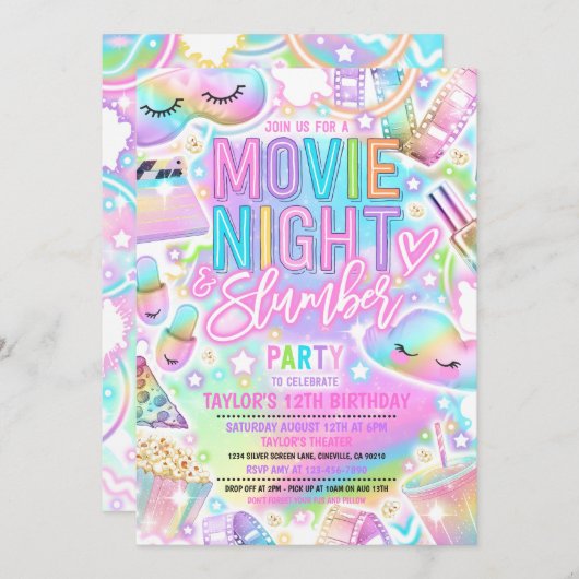 Film Night Slumber Party Pastel Rainbow Verjaardag Kaart (Voorkant / Achterkant)