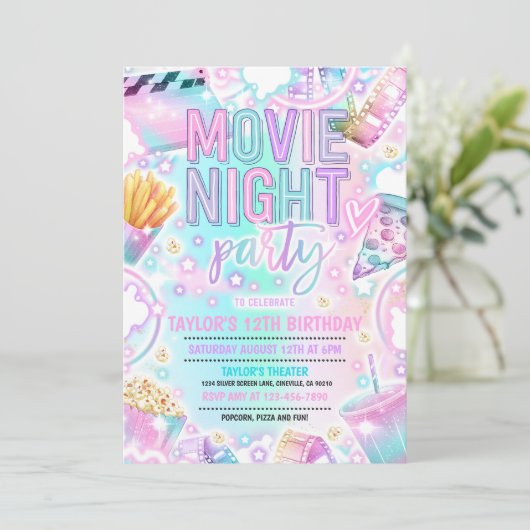Film Night Verjaardagsfeest Pastel Rainbow Film Kaart (Staand voorkant)