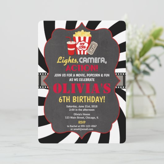 Film party film avond verjaardagsuitnodiging kaart (Staand voorkant)
