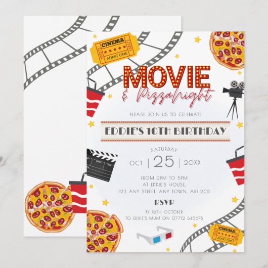 Film & Pizza Night Verjaardagsfeest Uitnodiging (Voorkant / Achterkant)