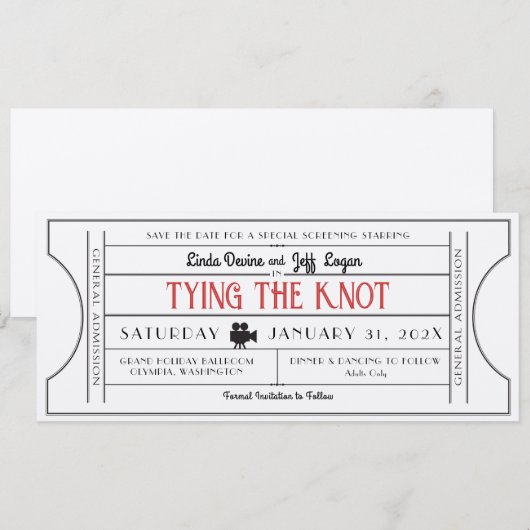  Film Ticket Save The Date Kaart (Voorkant / Achterkant)