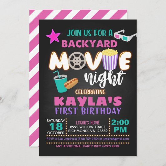 Film Verjaardag Uitnodiging - Meisje (Voorkant / Achterkant)