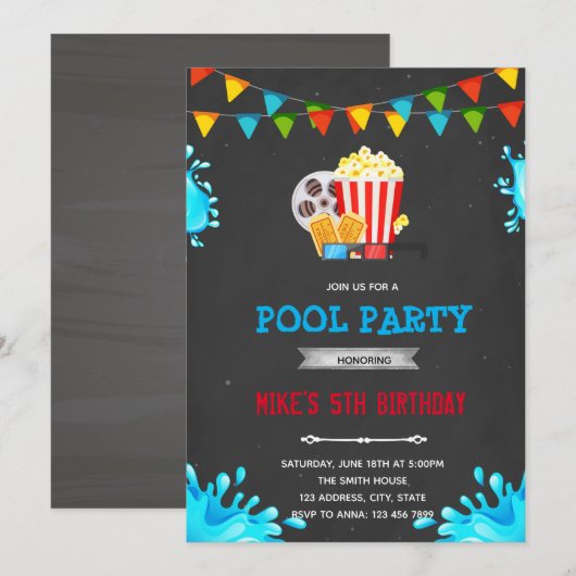 Film zwembadfeest uitnodiging (Voorkant / Achterkant)