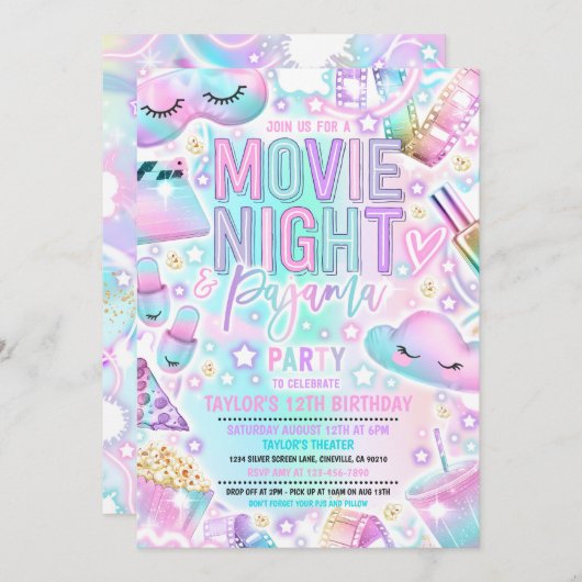 Filmavond Pajama Pastel Rainbow Verjaardagsfeest Kaart (Voorkant / Achterkant)