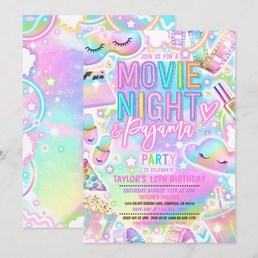 Filmavond Pajama Pastel Rainbow Verjaardagsfeest Kaart (Voorkant / Achterkant)