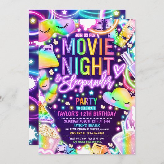 Filmavond Slaapfeest Neon Regenboog Verjaardag Kaart (Voorkant / Achterkant)