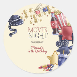 Filmavond verjaardag voor kinderen ronde sticker
