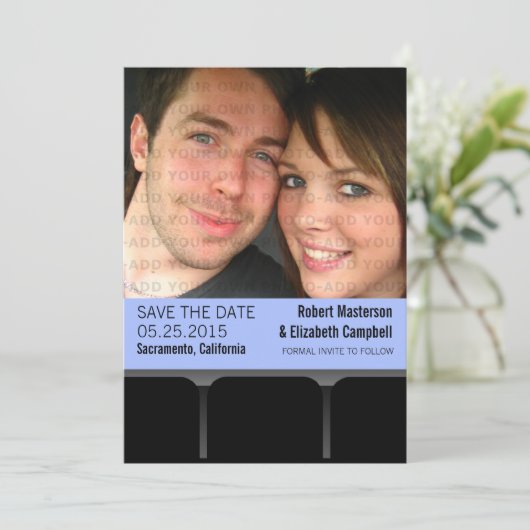 Filmbioscoopfoto Opslaan Datum uitnodiging, blauw Save The Date (Staand voorkant)