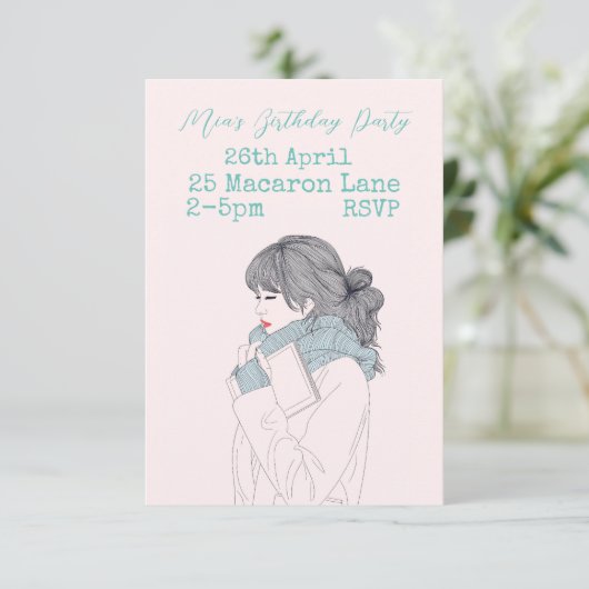 Filmfeest van een tienjarig meisje met een roze aq kaart (Staand voorkant)