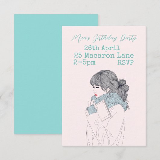 Filmfeest van een tienjarig meisje met een roze aq kaart (Voorkant / Achterkant)