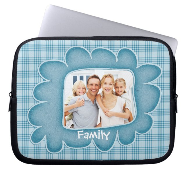 Filmhoes van de witte, blauwe, spelige fotolaptop laptop sleeve (Voorkant)