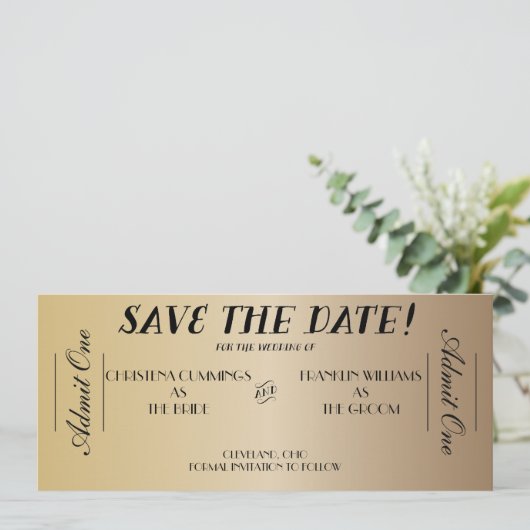 Filmkaartje Save the Date-aankondiging (goud) Save The Date (Staand voorkant)