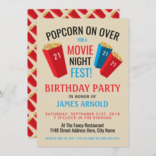 Filmliefest, Popcorn Box Birthday Party Kaart (Voorkant / Achterkant)
