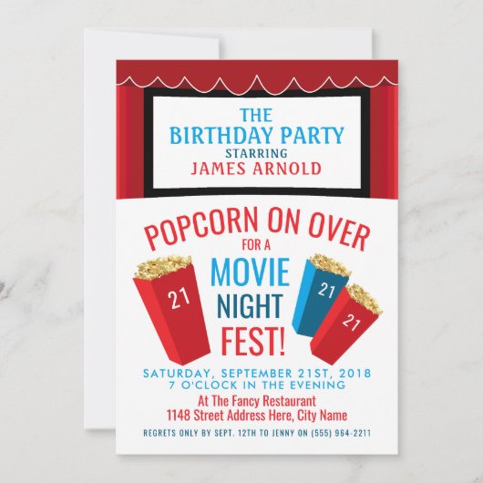 Filmliefest, Popcorn cinema Birthday Party Kaart (Voorkant)