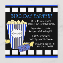 Filmnacht met popcorn en filmstrip blauw kaart