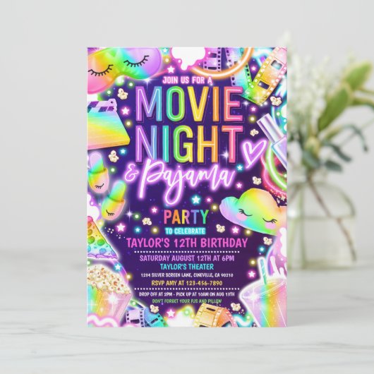 Filmnacht Pyjama Neon Rainbow Verjaardagsfeest Kaart (Staand voorkant)