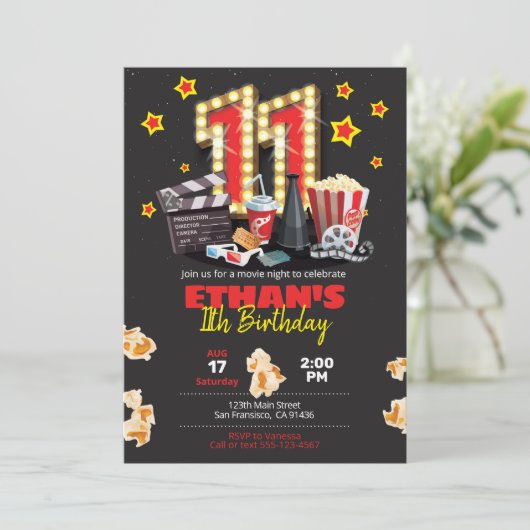 Filmnacht, theater - 11th Birthday Uitnodiging (Staand voorkant)