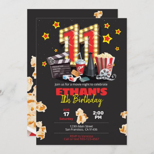 Filmnacht, theater - 11th Birthday Uitnodiging (Voorkant / Achterkant)