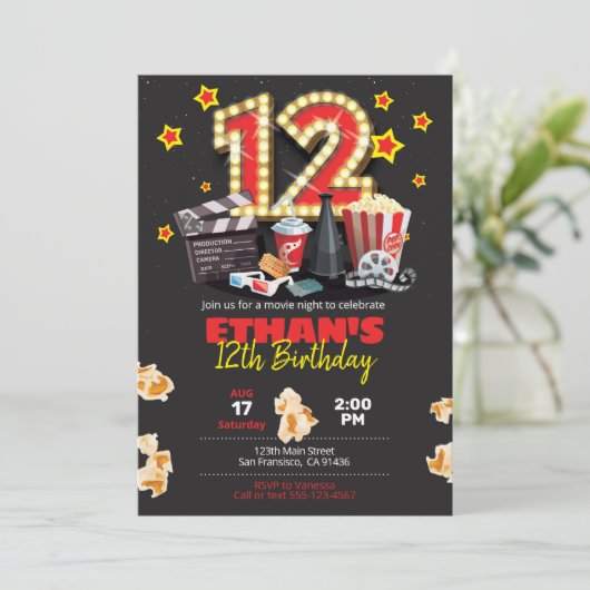 Filmnacht, theater - 12th Birthday Uitnodiging (Staand voorkant)