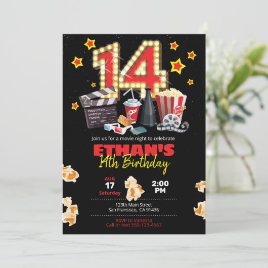 Filmnacht, theater - 14th Birthday Uitnodiging (Staand voorkant)