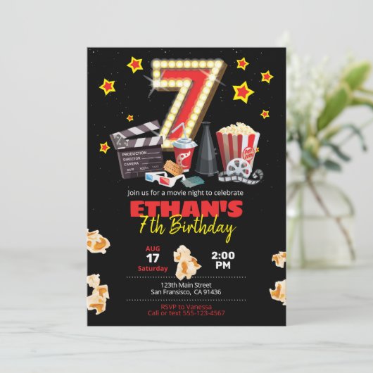 Filmnacht, theater - Uitnodiging 7e verjaardag (Staand voorkant)