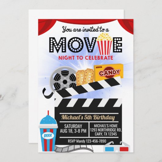 Filmnachtenverjaardagsuitnodiging. Kaart (Voorkant / Achterkant)