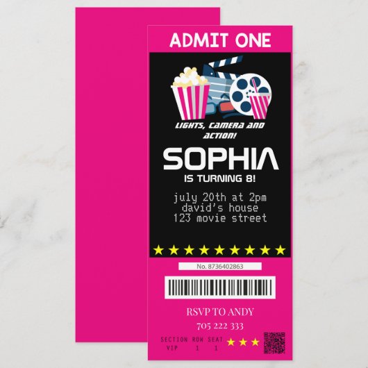 Filmprijs van Girl Movie Tickets Pink Birthday Kaart (Voorkant / Achterkant)