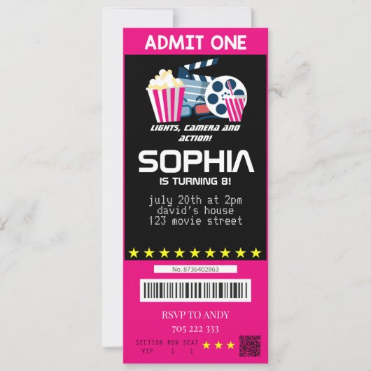 Filmprijs van Girl Movie Tickets Pink Birthday Kaart (Voorkant)