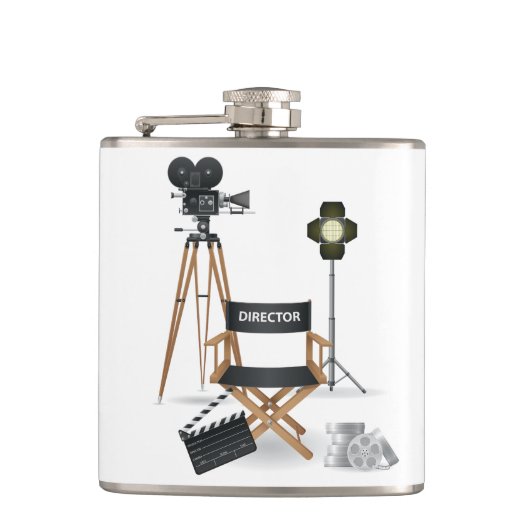 Filmregisseursstoel en Vintage filmcamera set Heupfles (Voorkant)