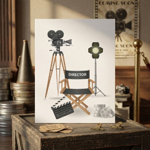 Filmregisseursstoel en vintage filmcameraset kaart