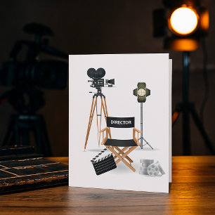 Filmregisseursstoel en vintage filmcameraset kaart