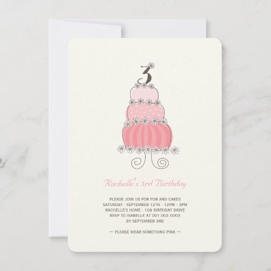 Filmroze Cake Girl 3rd Birthday Party Invite Kaart (Voorkant)