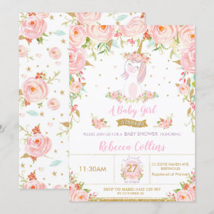 Filmroze Floral Unicorn Baby shower Girl Kaart